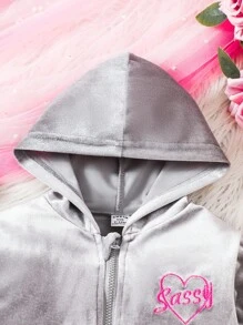 SHEIN 2 件套女婴爱心与字母刺绣拉链连帽衫和裤子套装 - 灰色 - 查看 8