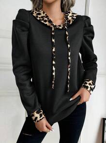 Calvaya 大码女式豹纹拼布抽绳连帽运动衫，秋季 - 黑色 - 查看 4