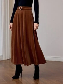 MOTF PREMIUM VELVET FAUX PEARL BUCKLE BELTED FLARE SKIRT