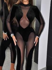 SHEIN ICON Stand Collar Asymmetric Net Mesh Splice Sheer Sexy Long Sleeve Jumpsuit