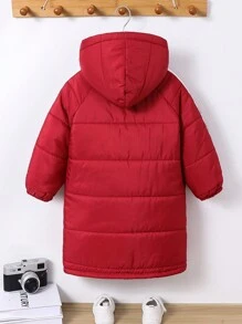 SHEIN 1 pieza Abrigo con capucha acolchado rojo oversize de manga ancha para niños pequeños, ropa de abrigo casual cálida adecuada para viajes, escuela y ocasiones diarias en otoño e invierno