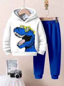 SHEIN Leap Crew Bộ 2 áo nỉ nỉ trơn rộng rãi cho bé trai, phù hợp cho bé trai mặc vào mùa thu/đông, áo hoodie khủng long, quần áo trẻ em mặc dạo phố - trắng - Xem 2