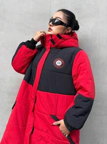 Flirla Abrigo acolchado sin mangas con capucha, bolsillo con parche y contraste de color, ropa de invierno de talla grande - Rojo - Ver 2