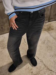 Forever 21 Quần Jeans Ống Thẳng Phong Cách Thường Ngày Cho Nam Màu Đen Đã Giặt, Họa Tiết Râu Mèo, Thích Hợp Mặc Vào Mùa Thu Đông - màu đen - Xem 5