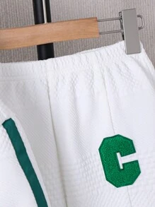 SHEIN 2 件/套年轻男孩休闲校园风格舒适时尚宽松连帽衫，带贴饰和裤子，适合基本款连帽衫、超大号运动衫、白色运动衫、年轻男孩服装、返校、日常穿着、户外、运动、秋冬季