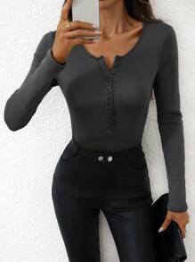 Calvaya Women Solid Color Button Front Long Sleeve Slim Fit Tee
