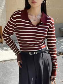 DAZY Suéter holgado de mujer con rayas casual para otoño - Burdeos - Ver 6