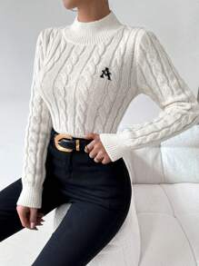 SHEIN Unity Suéter de punto de manga larga con cuello alto, ajustado, con bordado de letras para mujer, para otoño/invierno - Beis - Ver 3