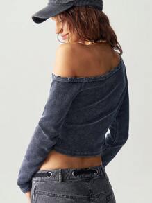 Bohemela Blusa de mujer de manga larga, ajustada, de punto, de unicolor y cuello asimétrico informal - Azul - Ver 8