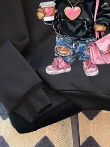 SHEIN Sudadera con capucha casual de manga larga con diseño de corazón y oso para niñas preadolescentes, de tela gruesa adecuada para otoño e invierno