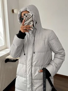 SHEIN EZwear Chaqueta casual de mujer con capucha de unicolor, rellena de plumas y fibra de plumón para invierno, con correas interiores de transporte