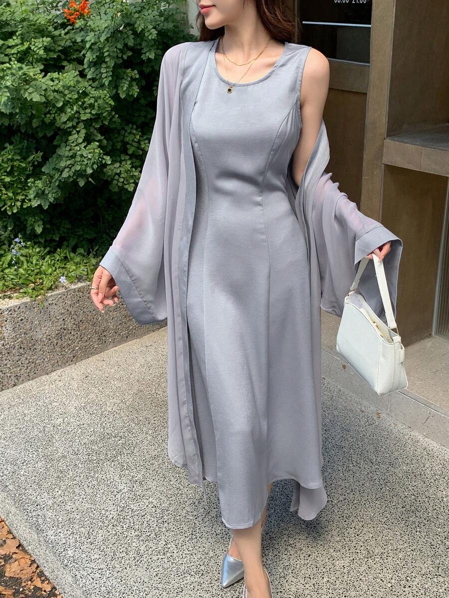 DAZY 2pcs Women Loose Fit Patchwork Cover-Up Dress Set,Fall Clothes - Blue - View 1