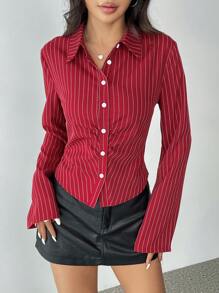 SHEIN X Lucía Bellido SHEIN Unity Striped Print Button Up Ruffle Long Sleeve Women Blouse Women Shirt - Multicolor - View 5