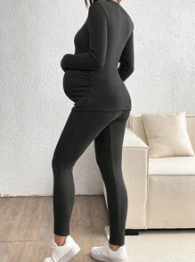 SHEIN Pregnant Women Thick Thermal Lined Long Sleeve Fitted Top And Pants Set, For Maternity, For Winter - Dark Grey - View 2