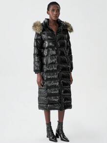 Chiquease Chaqueta larga con capucha y cremallera frontal de unicolor y textura esponjosa para mujer, ropa de abrigo informal para el invierno - Negro - Ver 7