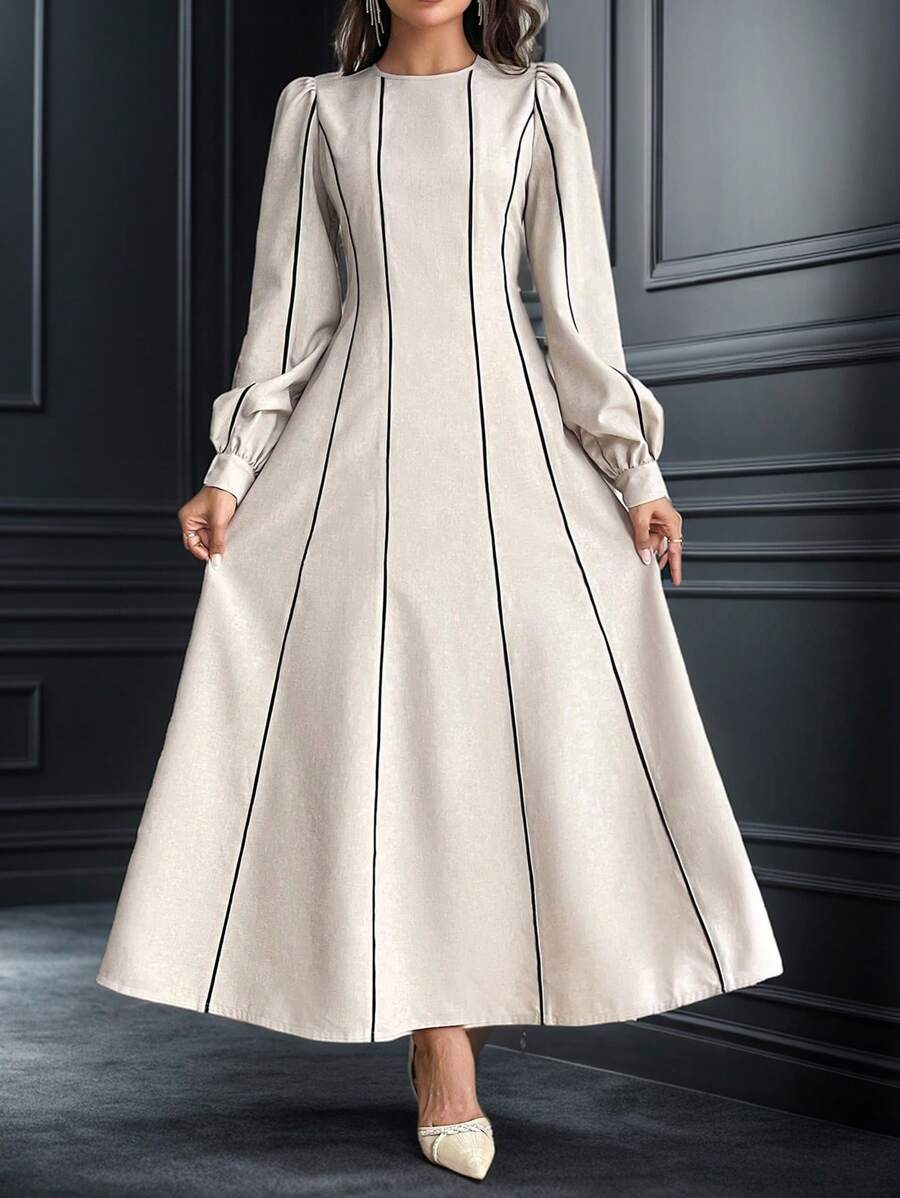 Seusyu 女士圆领长袖休闲时尚优雅阿拉伯风格朴素连衣裙 - 杏色 - 查看 1