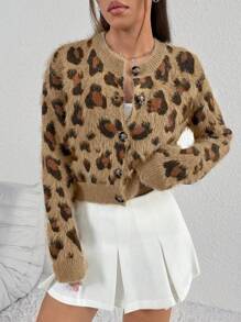 SHEIN Unity Áo khoác cardigan họa tiết da báo jacquard thường ngày cho nữ, Thu/Đông - màu nâu - Xem 5