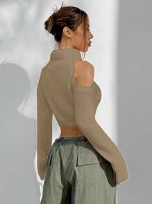 SHEIN Unity 时尚纯色高领镂空休闲长袖女式针织套头衫，秋冬款 - 卡其色 - 查看 2