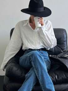 DAZY 宽松纯色蕾丝口袋长袖翻领女士衬衫，秋装 - 白色 - 查看 4