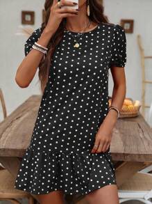 EMERY ROSE Women's Summer Polka Dot Printed Round Neck Short Puff Sleeve Straight Dress - Black - View 6