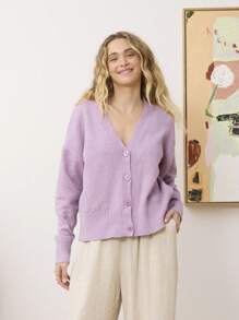 Aralina Women's Solid Color V-Neck Drop Shoulder Long Sleeve Single-Button Casual Cardigan, Autumn/Winter