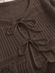 CosyJoli Plus Size Comfortable Casual Vacation Crochet Tie Front Loose Fit Cropped Cardigan, Light Apricot, For Winter,Fall Women Clothes Autumn,Slightly Sheer - Coffee Brown - View 3