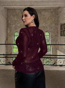 SHEIN Privé 大码舒适休闲性感优雅透明网眼闪亮长袖上衣