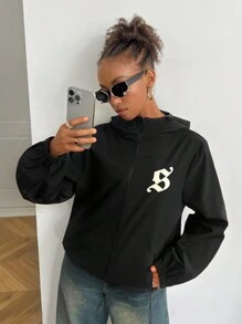 SHEIN EZwear 女士纯色前拉链长袖印花连帽夹克，休闲 - 黑色 - 查看 4