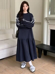 DAZY 1 件女式纯色拼接蝴蝶结装饰休闲中长连衣裙秋冬 - 藏蓝色 - 查看 2