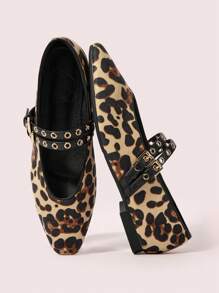 CUCCOO DOLLMOD Square Toe Flat Low Vamp Metal Rivets Buckle Leopard Print Color Block Soft Bottom Retro Women Loafers, Suitable For Daily Commute, Party And Walking New Year Holiday Valentines - Multicolor - View 6