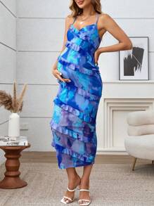 SHEIN Vestido materno ajustado de manga larga con efecto tie-dye, para fiesta de baby shower