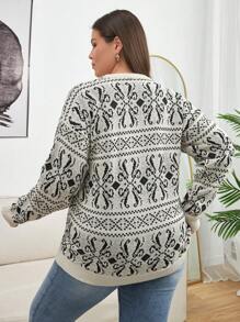RueChic Pull ample pour femmes, motif géométrique, col rond, épaules tombantes, manches longues, décontracté, automne/hiver - Noir et Blanc - Voir 2