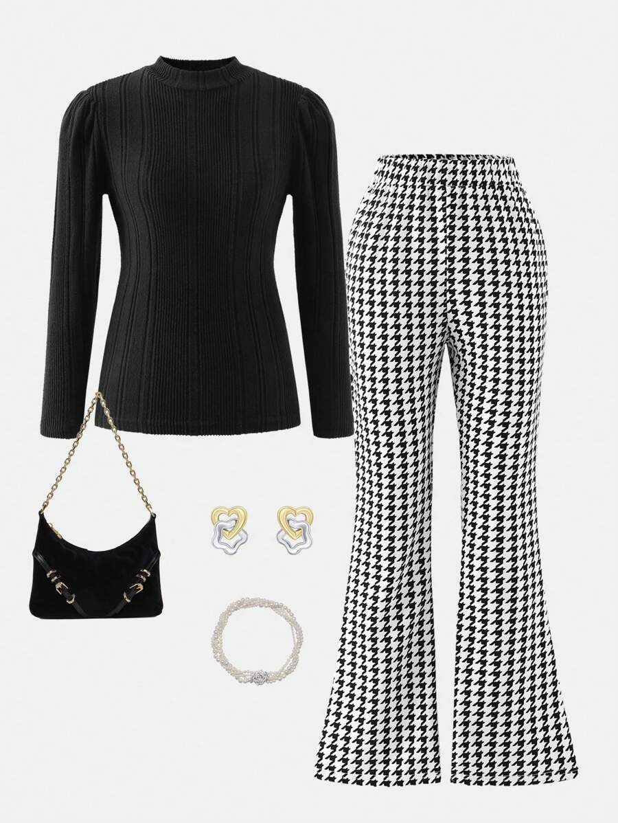 Tween Girls 复古风高领保暖上衣 + 千鸟格喇叭裤两件套，适合秋冬季 - 黑色 - 查看 1