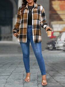 SHEIN LUNE 大码格子印花前扣长袖衬衫