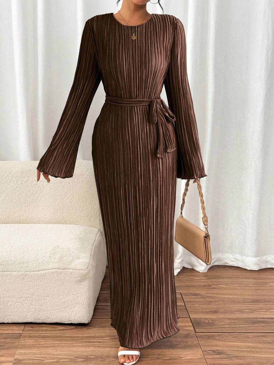 SHEIN LUNE 女士褶皱奢华纯色圆领长袖优雅晚礼服 - 棕色 - 查看 1
