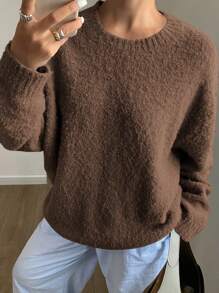 DAZY 1pc Women Solid Color Loose Round Neck Long Sleeve Sweater,Fall Women Clothes - Chocolate Brown - View 4