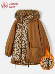 SHEIN EZwear 大码前拉链蓬松拼布口袋豹纹图案衬里棉服，秋冬 - 棕色 - 查看 1