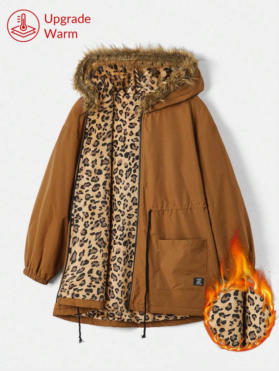 SHEIN EZwear 大码前拉链蓬松拼布口袋豹纹图案衬里棉服，秋冬 - 棕色 - 查看 1