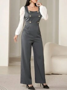 Seusyu Women's Contrast Color Pocket Square Neck Collar Button Decor Elegant Long Sleeve Jumpsuit - Grey - View 5