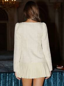 Aveloria Rosie 女士法式复古甜心领腰部修身粗花呢拼接褶皱连衣裙节日派对连衣裙 - 杏色 - 查看 2