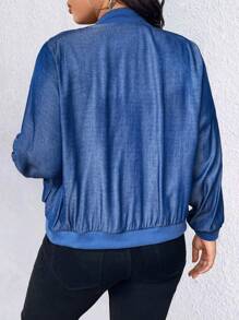 Calvaya Plus Size Spring Autumn Casual Denim Effect Baseball Collar Jacket - Blue - View 2