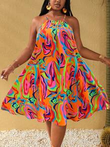 Maweii Jennifer_samantha_style Plus Size All-Over Print Halter Neck Sleeveless Casual Vacation Dress, Summer, For Apple Rounded Body Shape