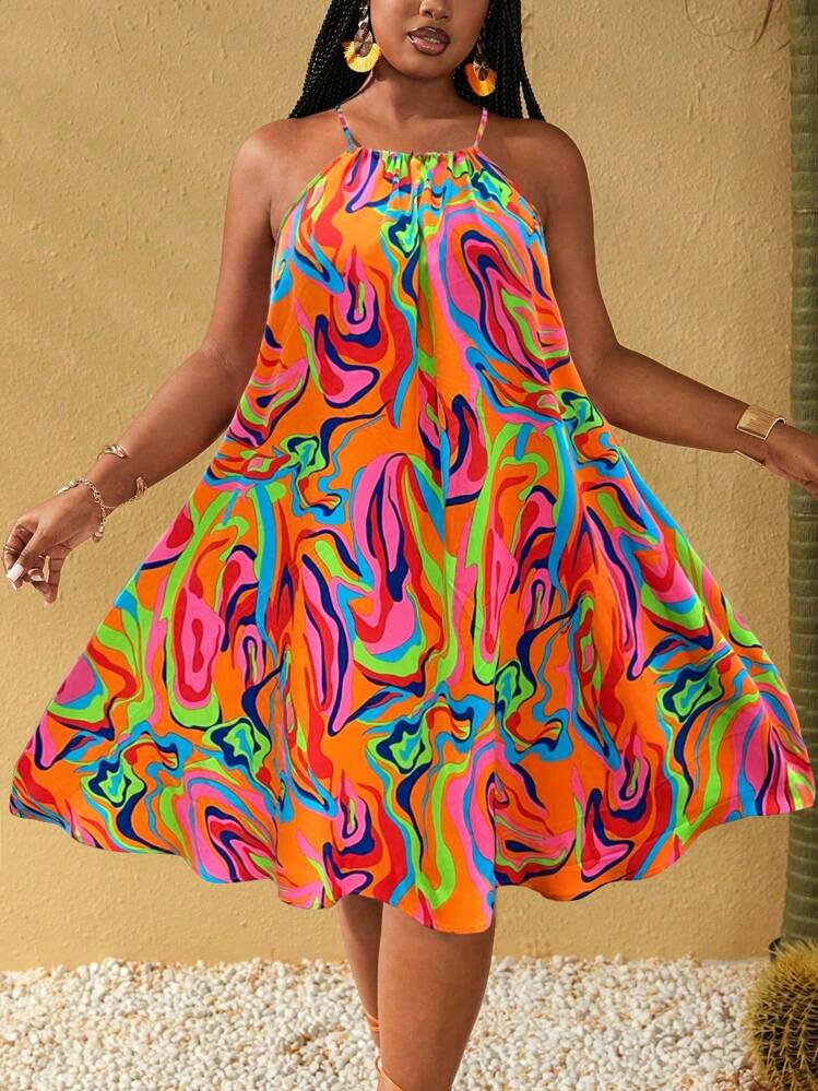 Maweii Plus Size Women's Summer Asymmetrical Line Multicolor Print Adjustable Strap Plus Size A-Line Vacation Sleeveless Dress - Multicolor - View 4