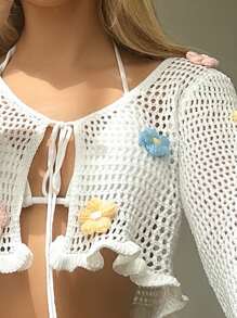 Swim Mod 女士冬季休闲 3D 花卉装饰镂空针织短款罩衫夏季 - 白色 - 查看 5