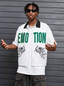 PAVTROS Manfinity Streetrush Men's Letter Angel Print Short Sleeve Zipper Front Box Cut Street Shirt - White - View 4