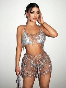 Zolique Bộ trang phục hai mảnh gồm áo crop top không tay và chân váy mini mắt xích kim cương cho nữ, gợi cảm và thời trang - trắng - Xem 1