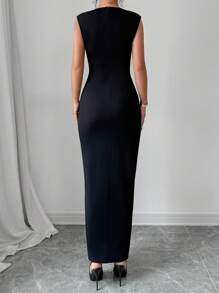 Elenzga Vestido largo y ajustado sin mangas con escote en V profundo y abertura lateral para mujer, conjunto de vestido negro largo para mujer - Negro - Ver 2
