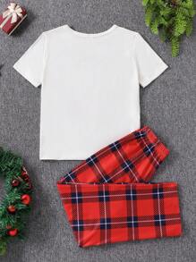 2pcs Tween Boys Minimalist Cute Christmas Bear Print Short Sleeve Top And Red Black Plaid Pants Pajamas Set, Comfortable Home Wear - White - View 2