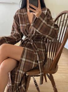 DAZY Bata de casa casual a cuadros, para otoño/invierno, para pijama de otoño, atuendo acogedor - Café integral - Ver 4
