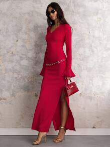 COSMINA Vestido de manga larga con cuello en V y abertura hasta el muslo de un solo color para mujer